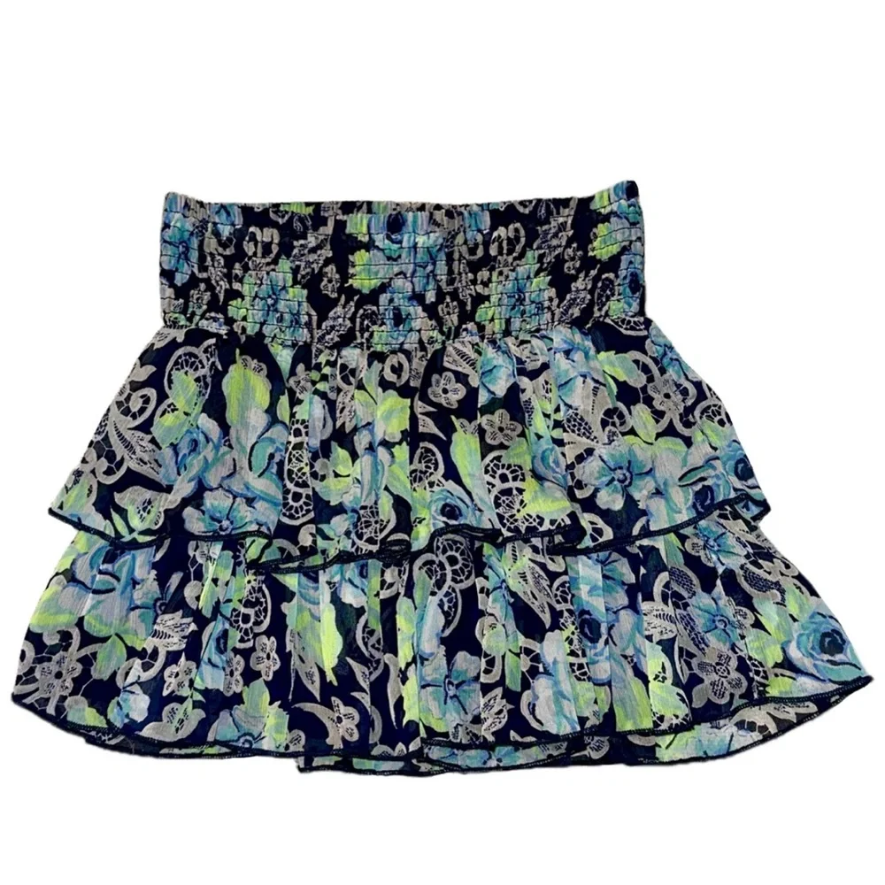 JUSTICE Floral Tiered Skirt Built-in Shorts Blue Green Sheer Fairycore Girl 12